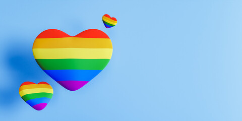 3D rendering of rainbow hearts levitating on blue background