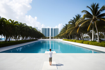 Obraz na płótnie Canvas MIAMI BEACH, FL, USA - OCTOBER 14, 2019: The Holocaust Memorial in Miami Beach features a reflection pool with a hand reaching up and bodies climbing, ... See More