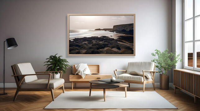 one large framed photograph on a wall, large space