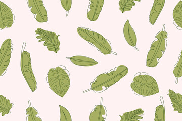 Minimal abstract leaves in line drawing set. Vector drawing of tropical leaves on a pink background. Trendy botanical elements for your design.