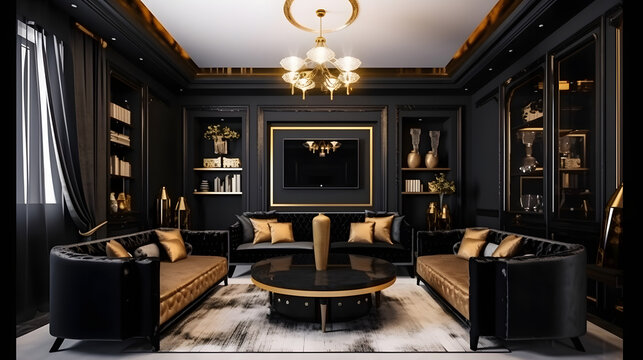 Perspective of the Living room interior with luxurious black and gold tones, ultra wide shot, overview, symmetrical, Display cabinet, Sofa
