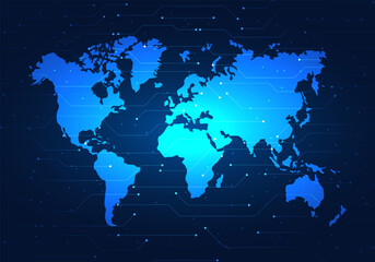 Technology background world map that connects people together Let everyone in the world be able to find information or communicate with each other at any time. Save cost and time