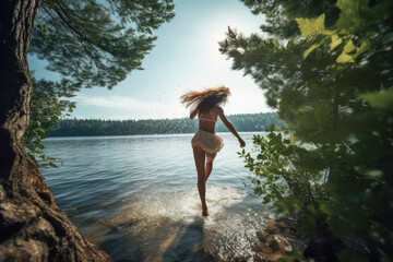 beautiful woman on the summer lake beach jumping to the lake, sunset, generative ai