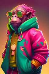 Monkey rapper, cartoon colorful monkey with sunglasses nft style, Created with generative A - obrazy, fototapety, plakaty