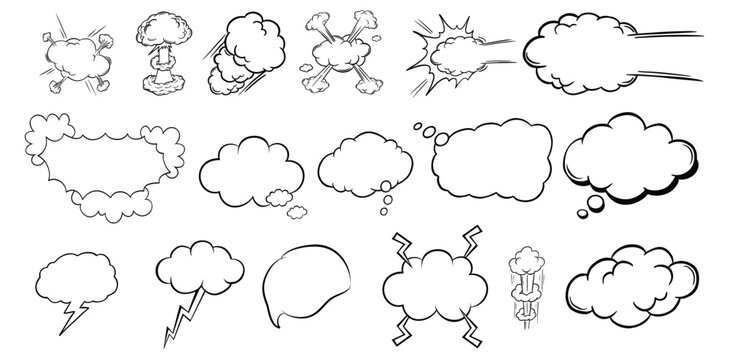 Big set of hand drawn speech bubbles different shape - round, rectangle, fluffy, etc. Big and small doodle chat clouds. Dialogue, discussion, message, thoughts comic sketch