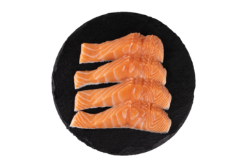 close-up of four pieces of fresh salmon on a round slate plate transparent background, png with space for text zenithal picture