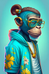 Monkey rapper, cartoon colorful monkey with sunglasses nft style, Created with generative A