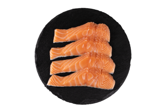 close-up of four pieces of fresh salmon on a round slate plate transparent background, png with space for text zenithal picture