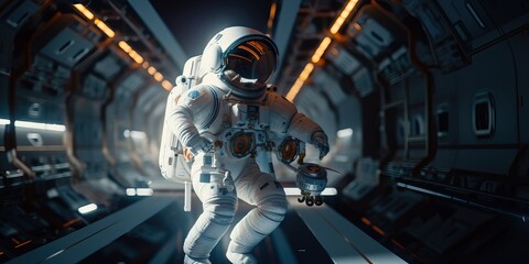 Fototapeta na wymiar Astronaut in a spacecraft interior, generative ai