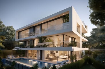 Fototapeta na wymiar Modern impressive villa with swimming pool and garden, generative ai