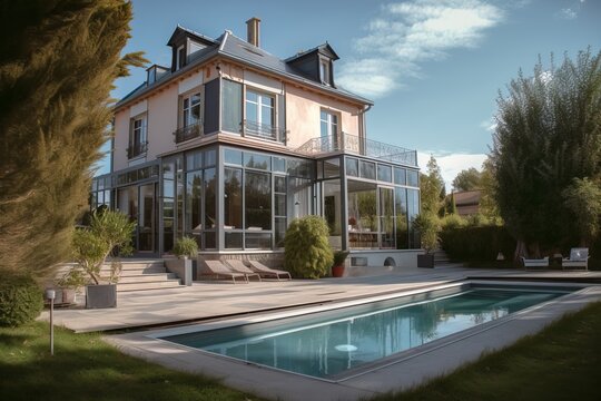 Modern impressive villa with swimming pool and garden, generative ai