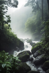Naklejka na ściany i meble Serenity in the Jungle: A River Running Through the Greenery