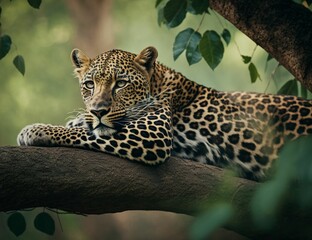 Fototapeta na wymiar The Sri Lankan Leopard can be seen lounging on a tree branch amidst the dense jungle foliage.