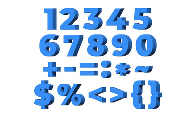 Blue 3D Numbers With Mathematical Signs and Symbols, Isolated on White Background. 3D Illustration