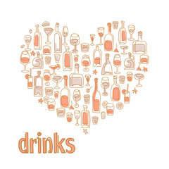 Wine, bottle, glass and drinks shaped in heart vector illustration. Drinks and wine vector template for wine lovers