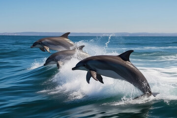 Beautiful bottlenose dolphins leaping from the ocean on a bright day in the sea with pure blue water, generative AI