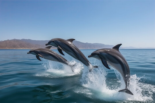 Beautiful bottlenose dolphins leaping from the ocean on a bright day in the sea with pure blue water, generative AI