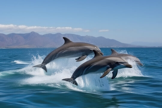 Beautiful bottlenose dolphins leaping from the ocean on a bright day in the sea with pure blue water, generative AI