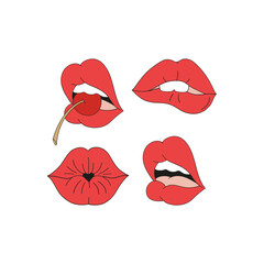 Woman mouth coquettish expressions vector clipart set isolated on white. Sassy girl power illustration collection. Classy red lips makeup fashion design element.