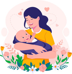 Mother Holding Baby In Arms. Happy Mother's Day Illustration. Mom and Baby. Happy young mother with her little cute baby