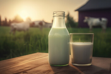 A sunny day on a dairy farm. Fresh milk in a glass jug on a wooden table. A cow grazes in the pasture nearby. Organic and natural. Is AI Generative.