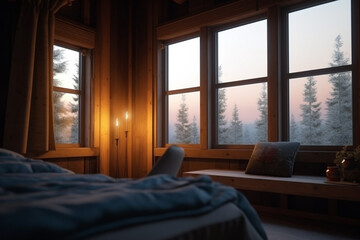 Morning View from Modern Wooden Cabin Hotel Room Overlooking Forested Mountains