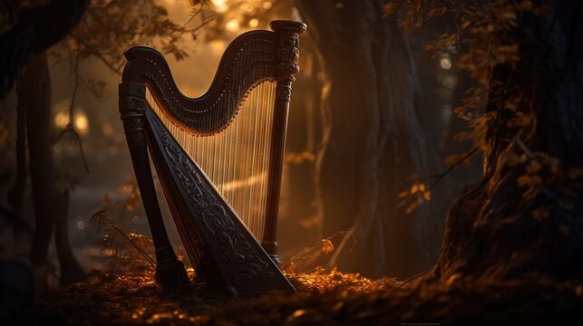  a harp in a forest with a light shining through the trees and leaves on the ground and the grass on the ground, and the grass on the ground.  generative ai