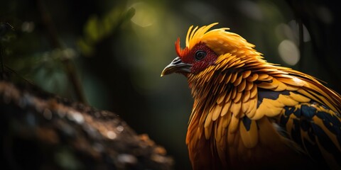 Fototapeta premium Golden pheasant close up with forest background. Generative AI