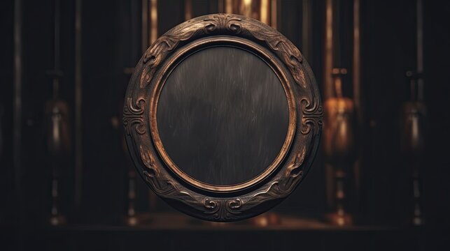 Antique wooden picture frame on a gray abstract background with circular shapes created with generative AI technology