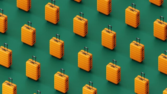 Similar suitcases placed in row against blue background. 3d animation