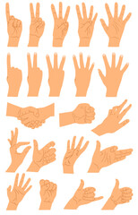 Hands and arms expressions. Hands poses big set, ok, help handshake and press touch, praying and meditation, numbers symbols. Cartoon human palms and wrist vector set. Communication concept