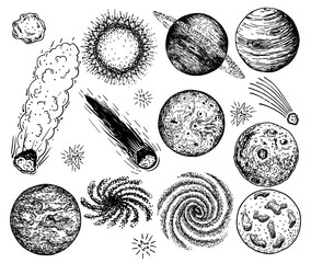Sketch of space objects set. Collection of comets, planets, stars, asteroids. Black outline elements isolated on white. For design prints, poster, decor, cards. Hand drawn vector