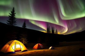 Tents camping on campground with northern lights over the forest in national park