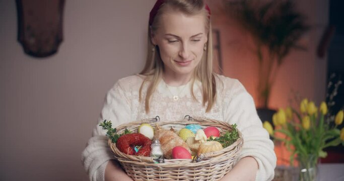 Woman Holding Easter Backet Easter Holidays Decorations