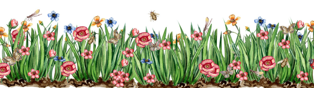 Watercolor horizontal seamless background with grass, insects and flowers. Butterflies in cartoon style. Hand rawn illustration of spring. Perfect for scrapbooking, kids design, wedding invitation.