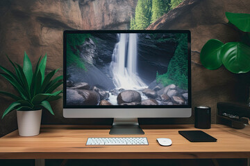 iMac desk setup with nature, Generative AI - obrazy, fototapety, plakaty