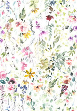 Hand painted watercolor allover seamless flowers and plants print