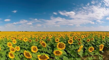 Obraz premium Panoramic field of sunflowers with blue sky on sunny day. Generative AI