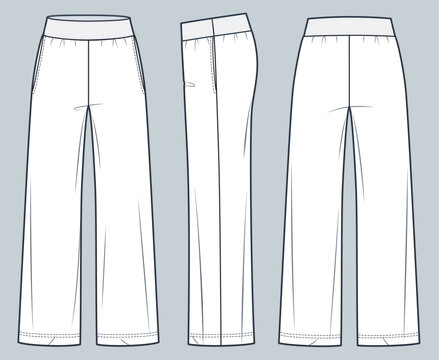 Wide leg Jogger Pants fashion flat technical drawing template. Sweat Pants technical fashion illustration, oversize, ribbed waistband, front, side and back view, white, women, men, unisex CAD mockup.