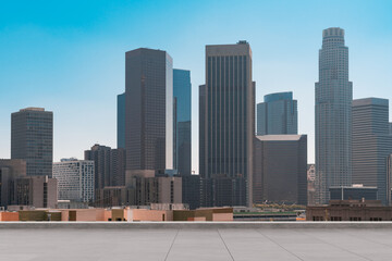 Plakat Skyscrapers Cityscape Downtown, Los Angeles Skyline Buildings. Beautiful Real Estate. Day time. Empty rooftop View. Success concept.