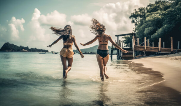 two girls runing in sea on the beach at cloudy day, holiday, summer, vacation, generative ai
