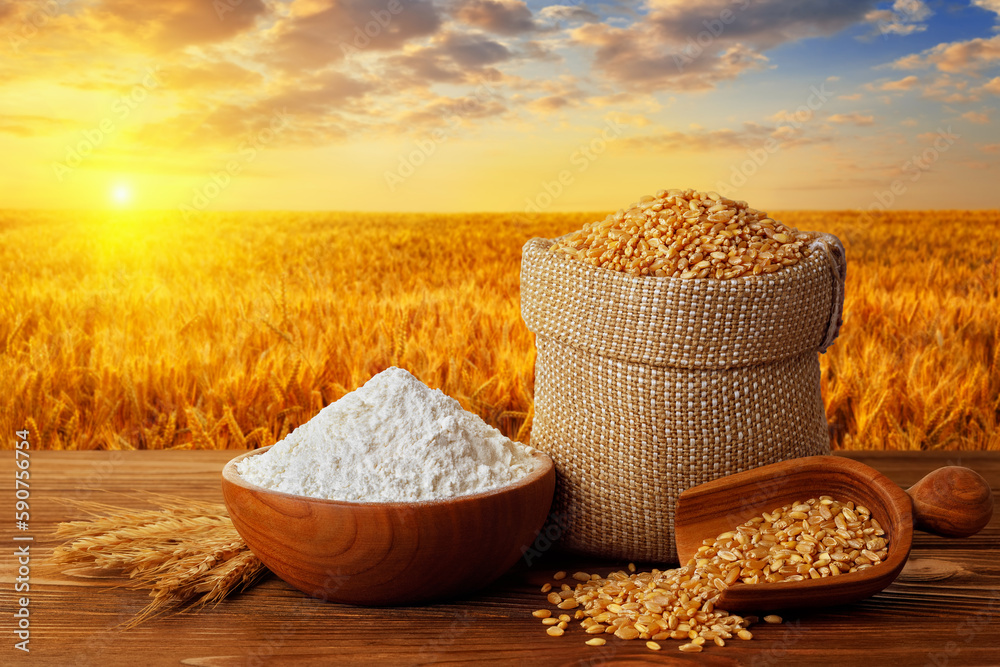 Wall mural wheat flour in bowl and grains in sack on table with cereal field on sunset as background