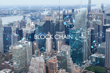 Aerial panoramic city view of Time Square area, Manhattan West Side and the Hudson River, New York city, USA. Decentralized economy. Blockchain, cryptography and cryptocurrency concept, hologram
