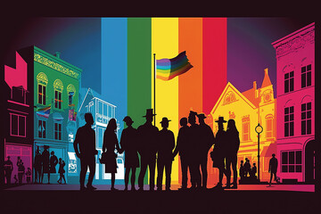 Silhouette of people standing with the pride flag on a colorful town together