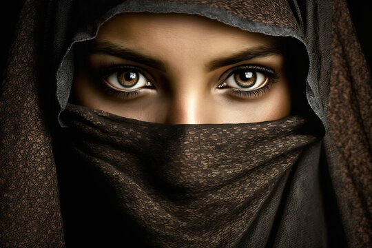 Close-up portrait of young Arab muslim woman with beautiful eyes in hijab, looking at camera. AI Generative
