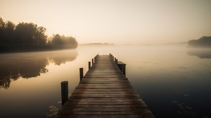 Naklejka na ściany i meble a dock on a lake with fog in the air and trees in the background at sunrise or dawn or dawn or dawn or dawn, with only one person standing on the end of the dock. generative ai