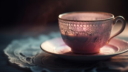 Obraz na płótnie Canvas a pink cup and saucer sitting on a saucer on a lace doily tablecloth with a black background and a white doily doily. generative ai