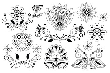 Set of Flowers Inspired by Ukrainian Traditional Embroidery. Ethnic Floral Motif, Handmade Craft Art. Single Design Elements. Coloring Book Page. Vector Contour Illustration