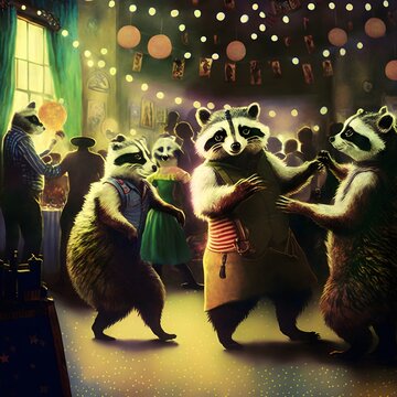 Saturday Night Fever raccoons in the style of Beatrix Potter panorama view highly detailed lighting cinematic kodak color film bright color 