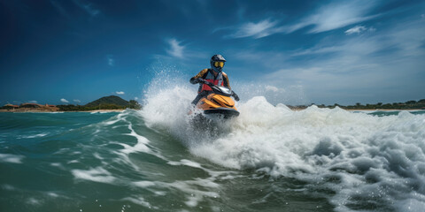 Man on water scooter, water sports, vacation, summer and leisure, generated ai